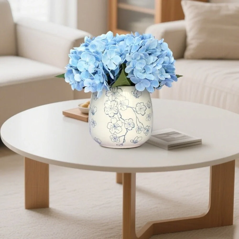 My Texas House Faux Hydrangeas Floral Vase, Blue White 9.5in • NWT